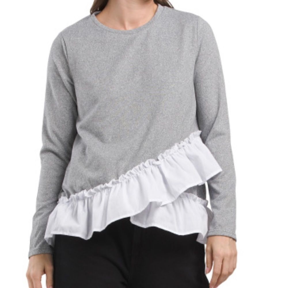 Robert Louis Soft Long Sleeve Asymmetrical Ruffle Hem Top Gray White L NWT